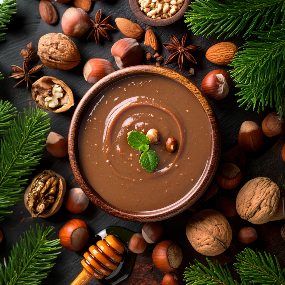 Μπολ με σοκολατένια πάστα φουντουκιού, περιτριγυρισμένο από ξηρούς καρπούς και κλαδιά έλατου.